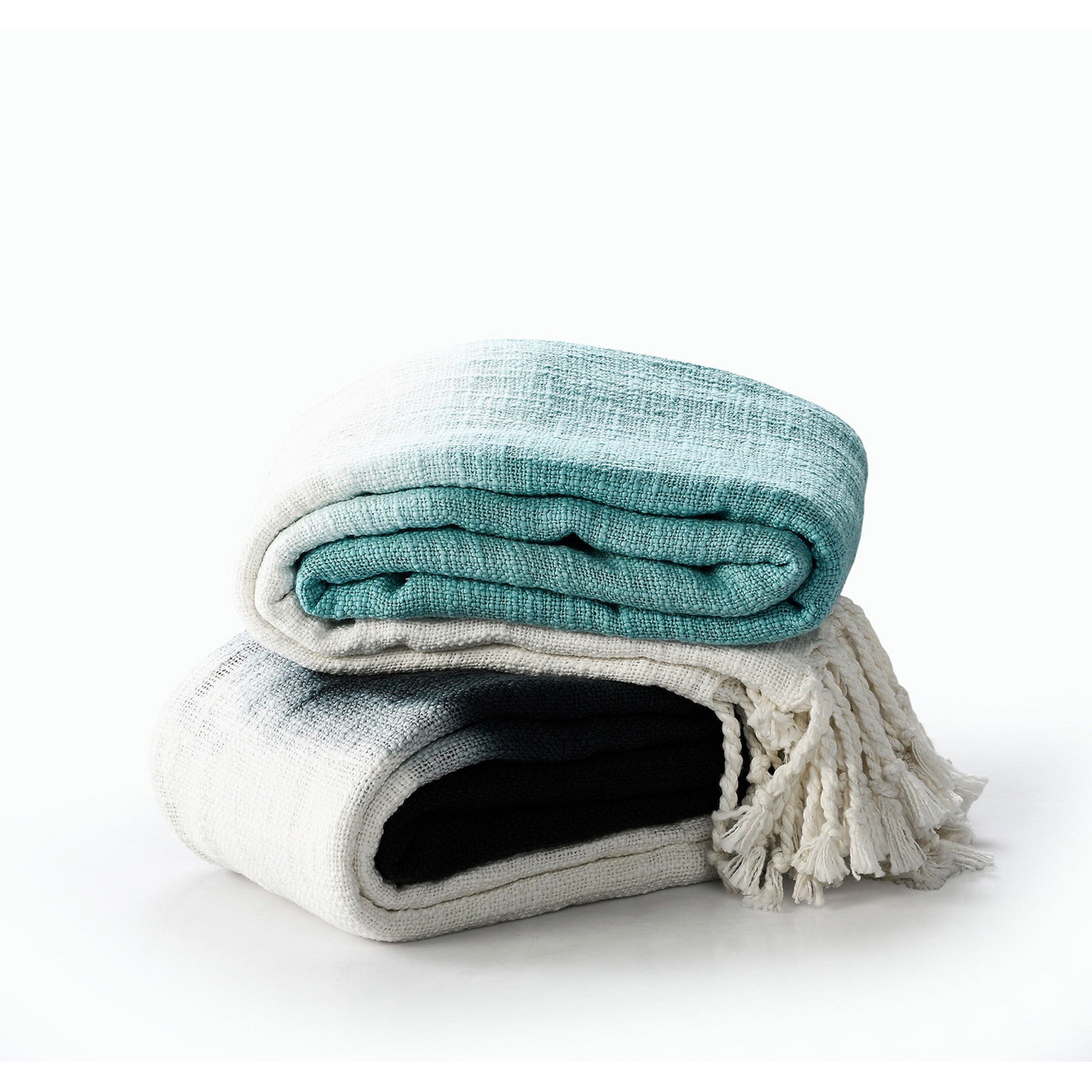 50" X 60" Blue and White Woven Cotton Ombre Throw Blanket with Fringe-Throws & Blankets-DECOROLALA