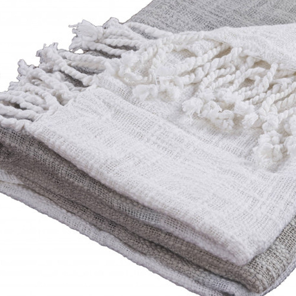 50" X 60" Gray and White Woven Cotton Ombre Throw Blanket with Fringe-Throws & Blankets-DECOROLALA