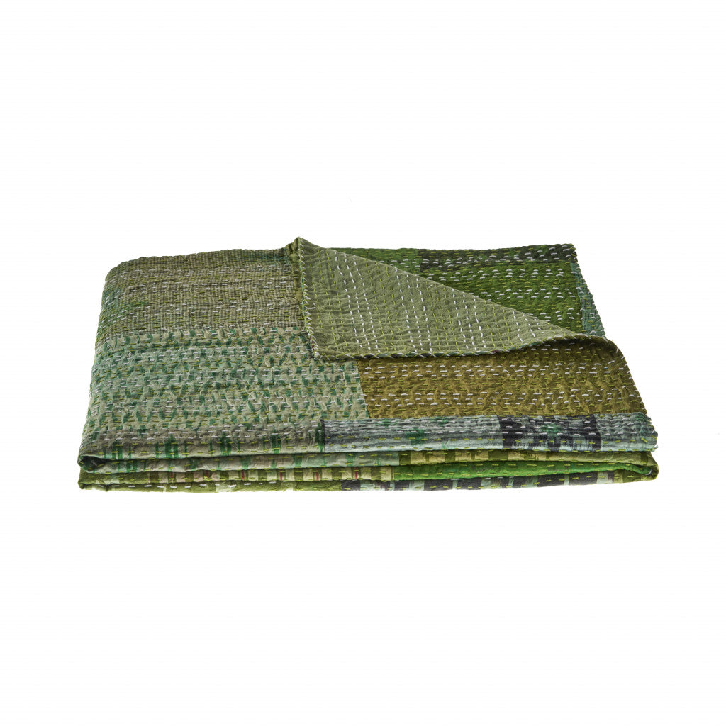50" X 70" Green Patchwork Silk Quilted Kantha Throw Blanket with Embroidery-Throws & Blankets-DECOROLALA