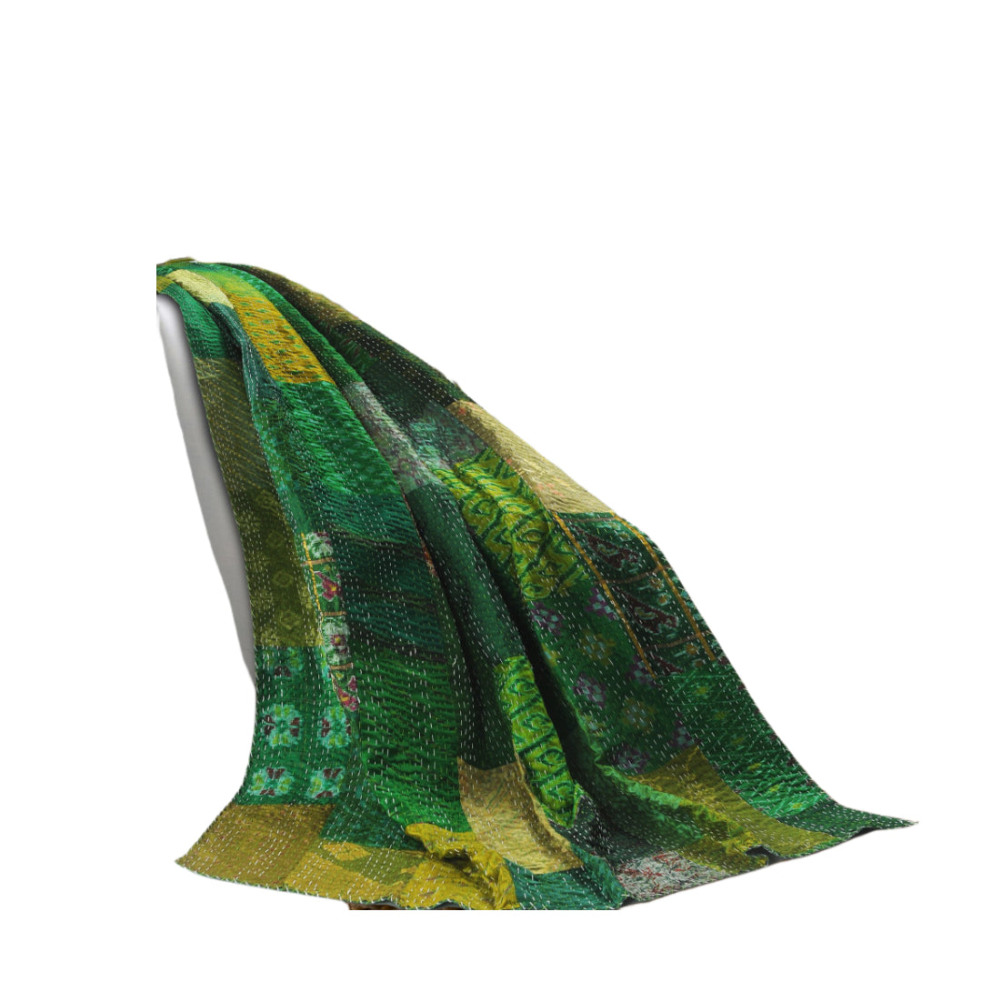 50" X 70" Green Patchwork Silk Quilted Kantha Throw Blanket with Embroidery-Throws & Blankets-DECOROLALA