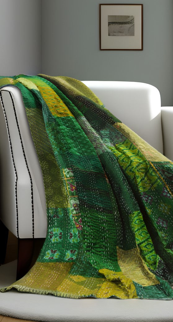 50" X 70" Green Patchwork Silk Quilted Kantha Throw Blanket with Embroidery-Throws & Blankets-DECOROLALA