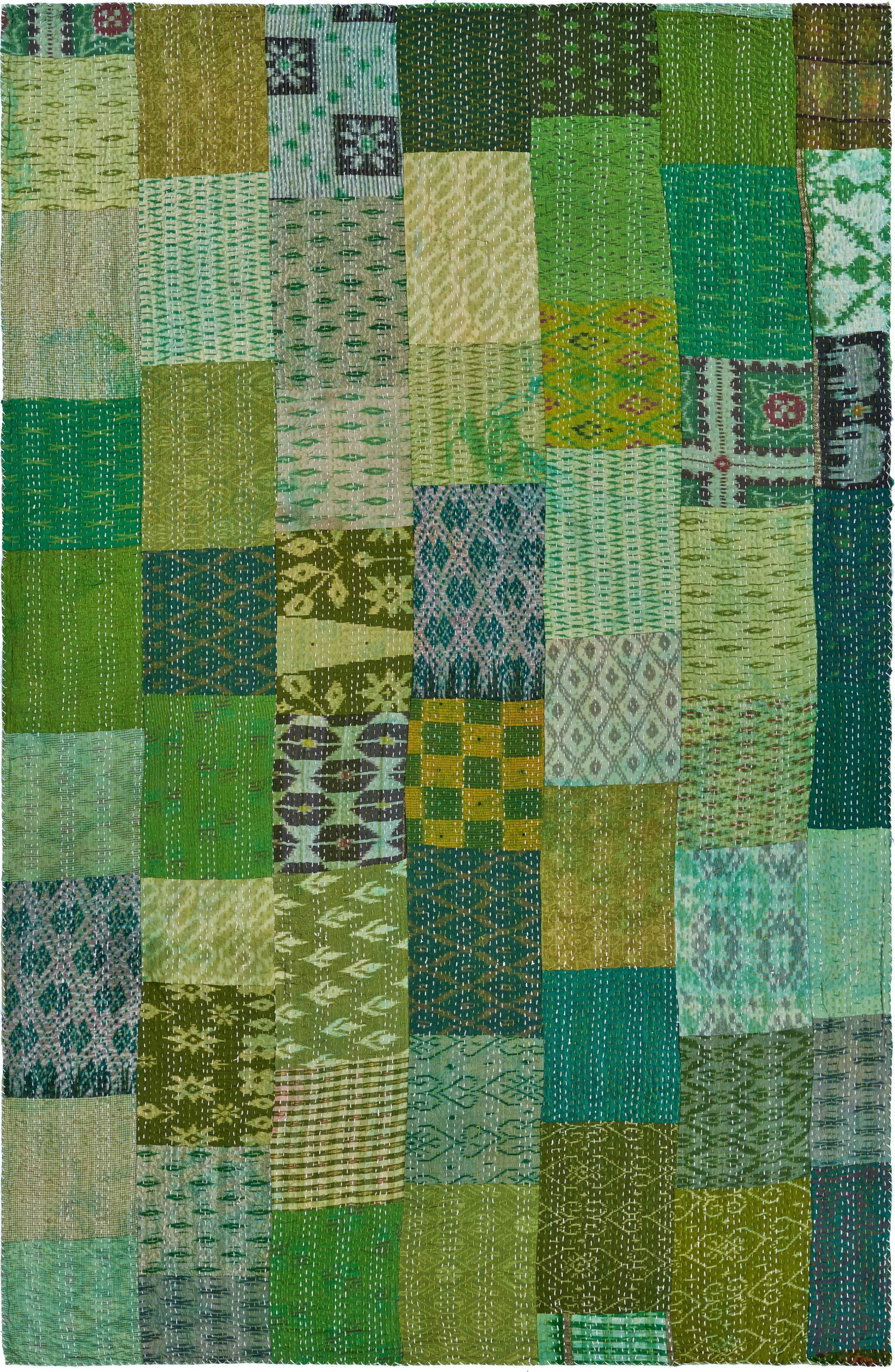 50" X 70" Green Patchwork Silk Quilted Kantha Throw Blanket with Embroidery-Throws & Blankets-DECOROLALA