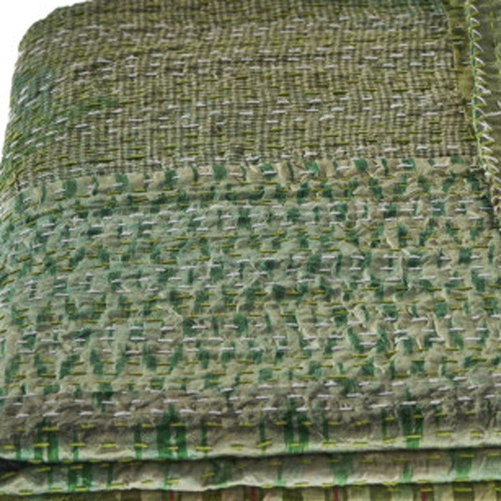 50" X 70" Green Patchwork Silk Quilted Kantha Throw Blanket with Embroidery-Throws & Blankets-DECOROLALA
