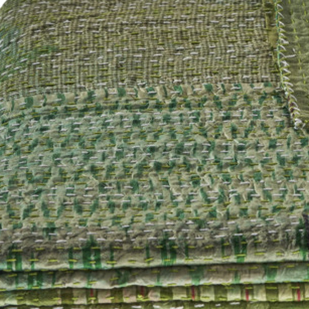 50" X 70" Green Patchwork Silk Quilted Kantha Throw Blanket with Embroidery-Throws & Blankets-DECOROLALA