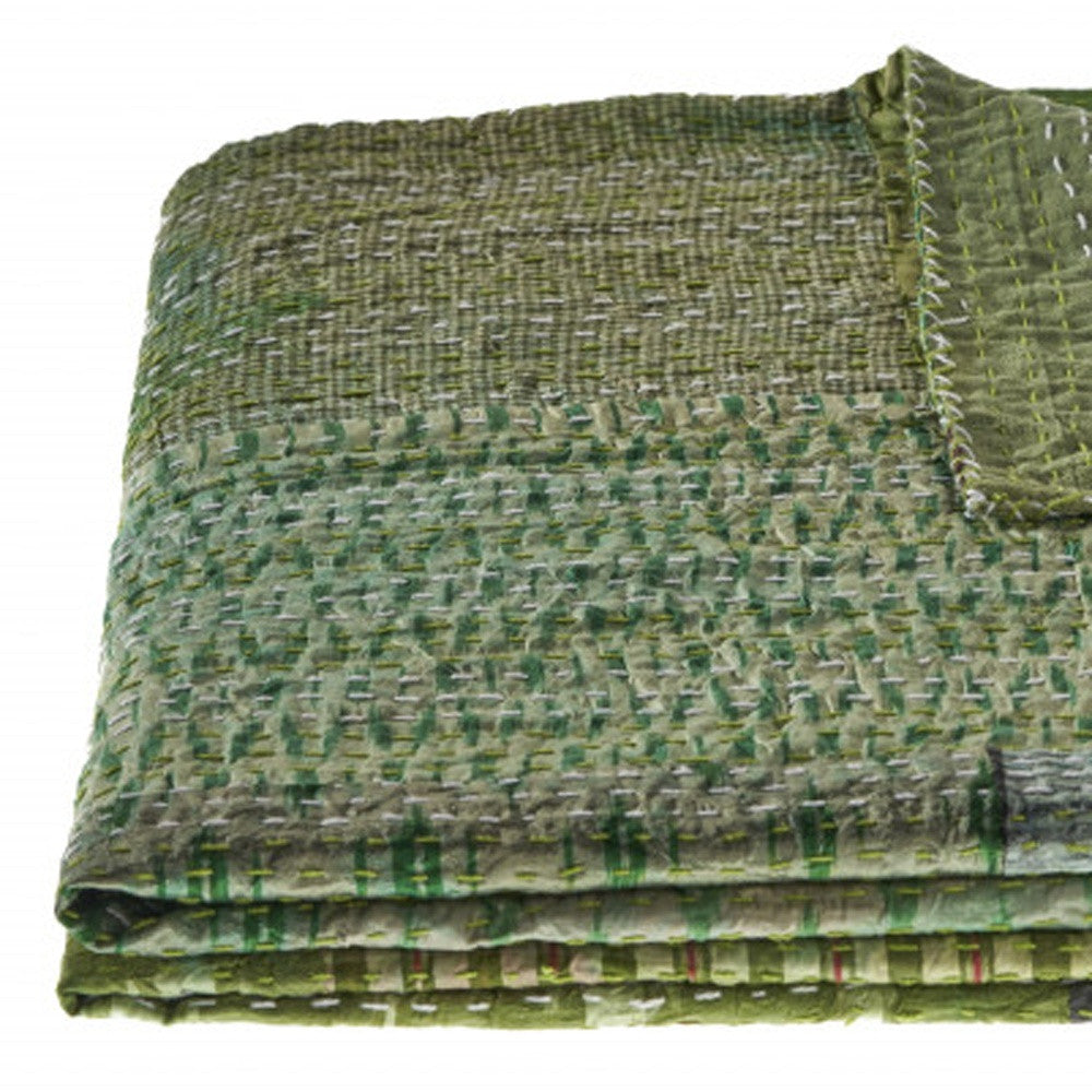 50" X 70" Green Patchwork Silk Quilted Kantha Throw Blanket with Embroidery-Throws & Blankets-DECOROLALA