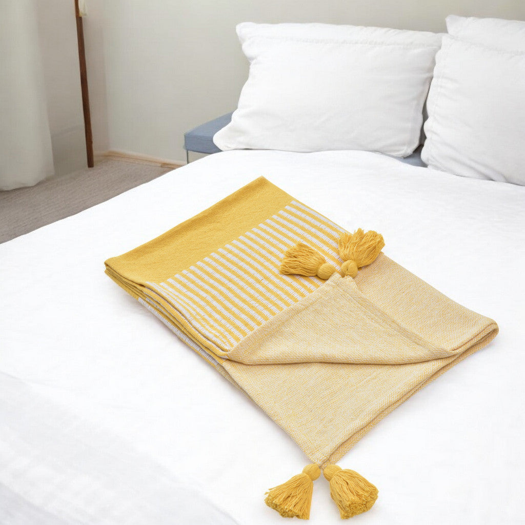 50" X 60" Yellow Woven Cotton Striped Throw Blanket with Tassels-Throws & Blankets-DECOROLALA
