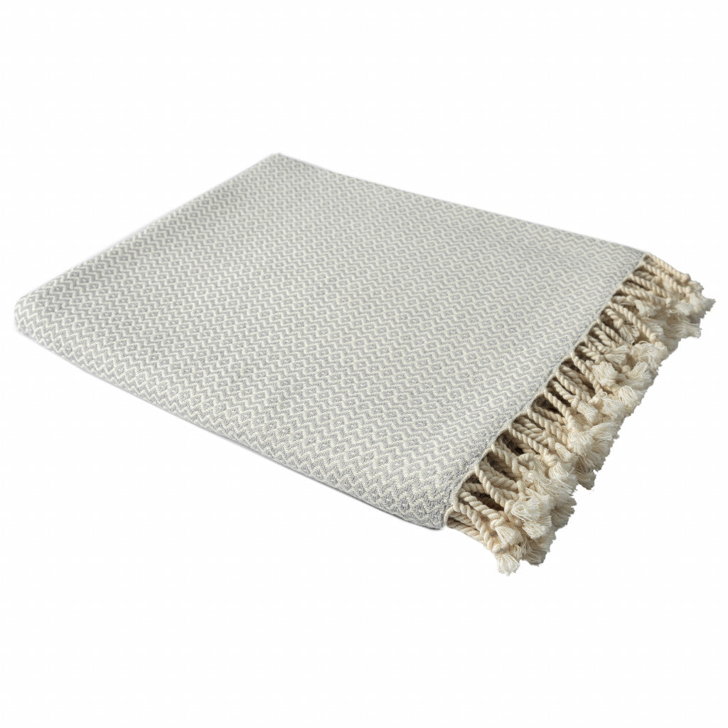 50" X 60" Gray Woven Cotton Geometric Throw Blanket with Fringe-Throws & Blankets-DECOROLALA