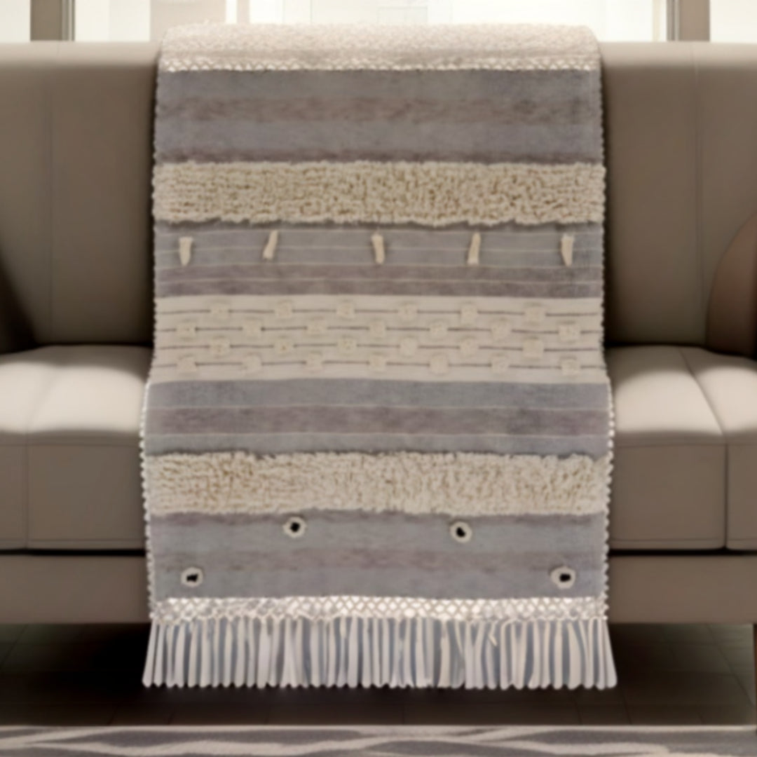 60" X 50" Gray Woven Cotton Striped Throw Blanket with Fringe-Throws & Blankets-DECOROLALA