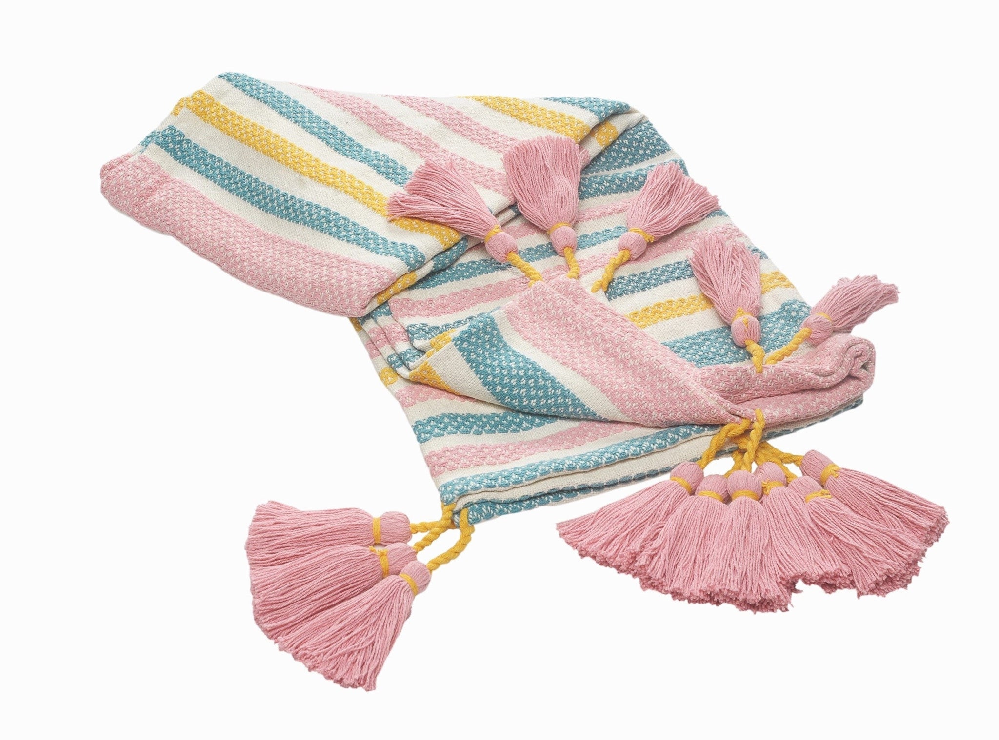 60" X 50" Blue and Pink Woven Cotton Striped Throw Blanket with Tassels-Throws & Blankets-DECOROLALA