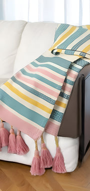 60" X 50" Blue and Pink Woven Cotton Striped Throw Blanket with Tassels-Throws & Blankets-DECOROLALA