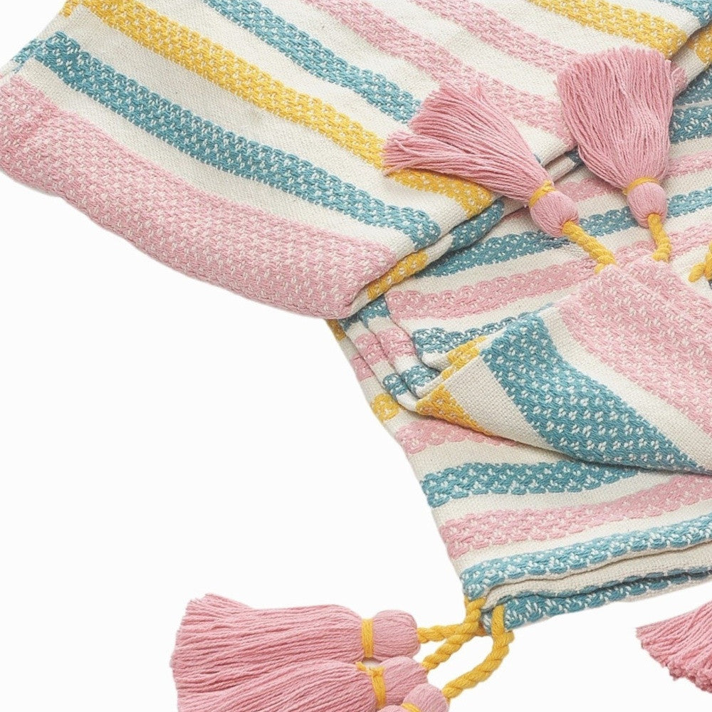 60" X 50" Blue and Pink Woven Cotton Striped Throw Blanket with Tassels-Throws & Blankets-DECOROLALA