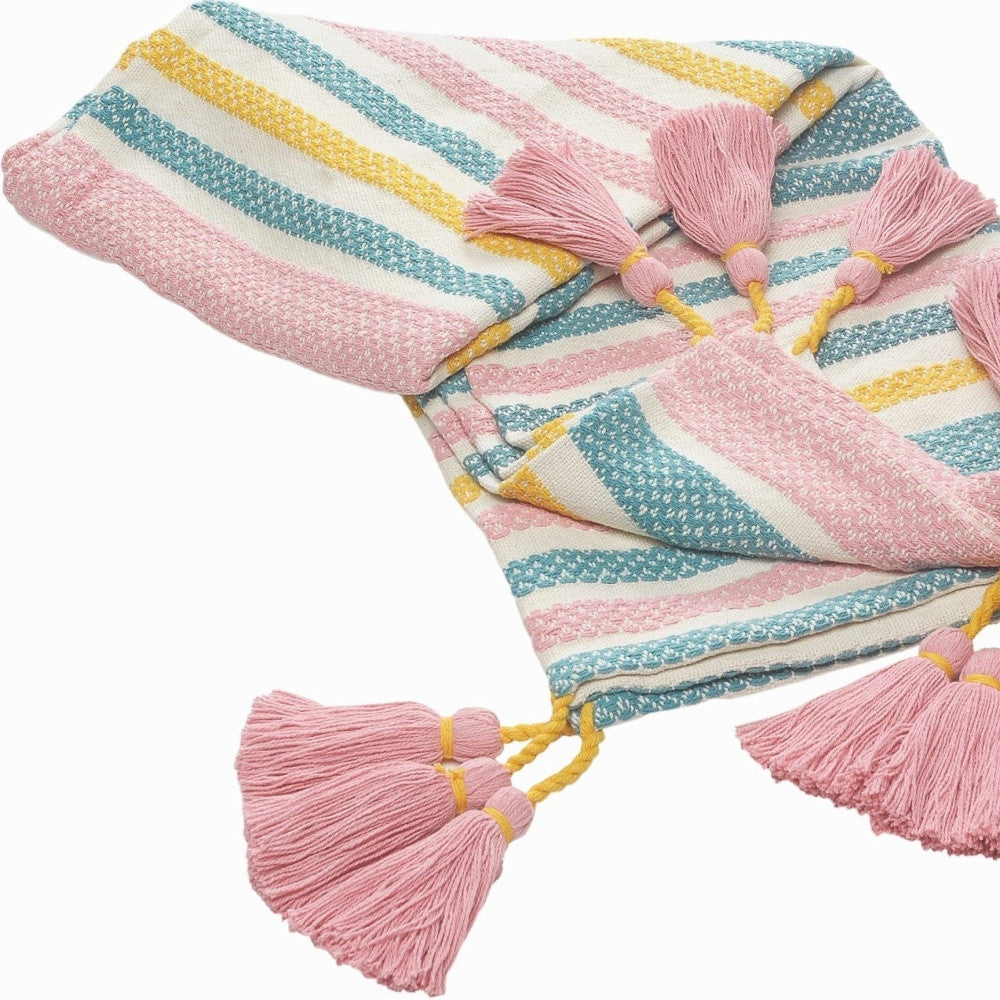 60" X 50" Blue and Pink Woven Cotton Striped Throw Blanket with Tassels-Throws & Blankets-DECOROLALA