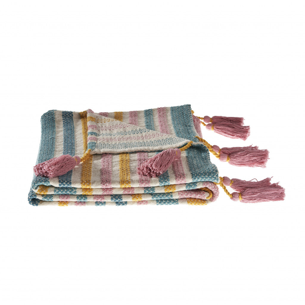 60" X 50" Blue and Pink Woven Cotton Striped Throw Blanket with Tassels-Throws & Blankets-DECOROLALA