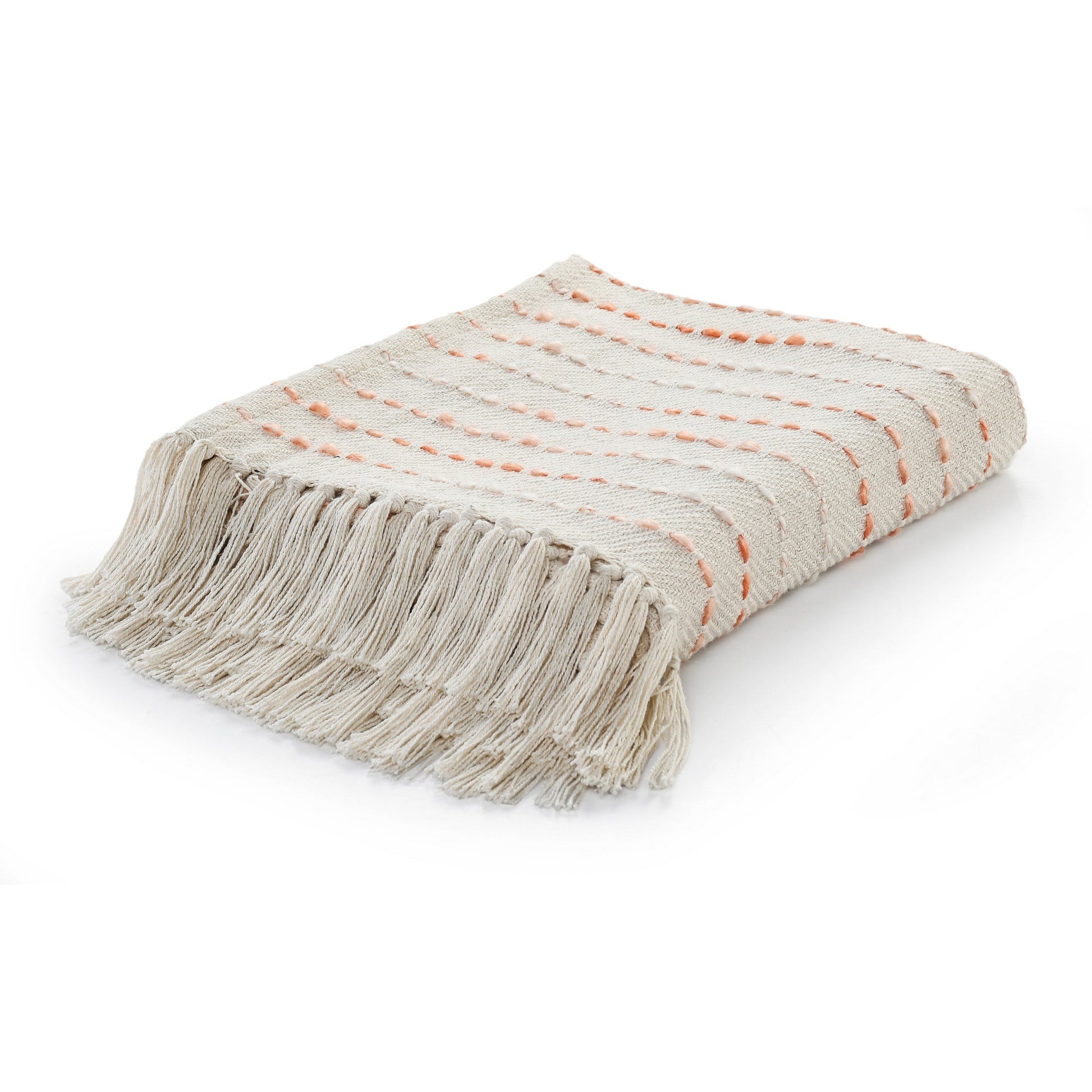 50" X 60" Cream Kantha Cotton Striped Throw Blanket with Embroidery-Throws & Blankets-DECOROLALA