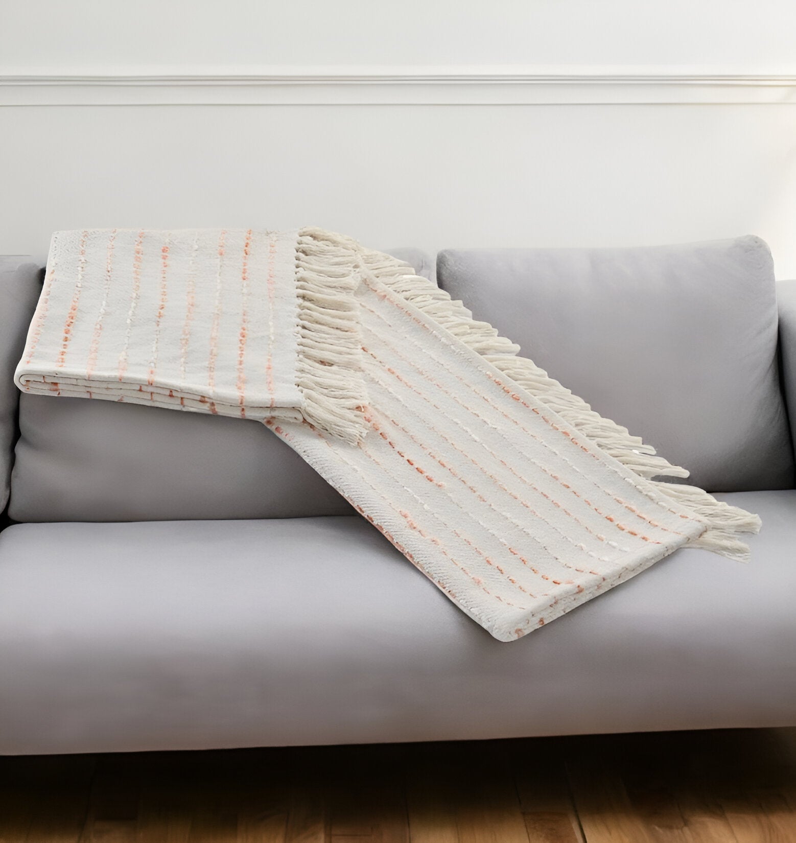 50" X 60" Cream Kantha Cotton Striped Throw Blanket with Embroidery-Throws & Blankets-DECOROLALA