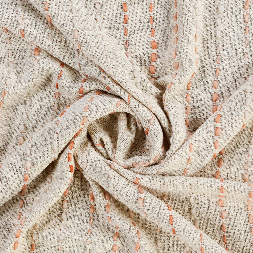 50" X 60" Cream Kantha Cotton Striped Throw Blanket with Embroidery-Throws & Blankets-DECOROLALA