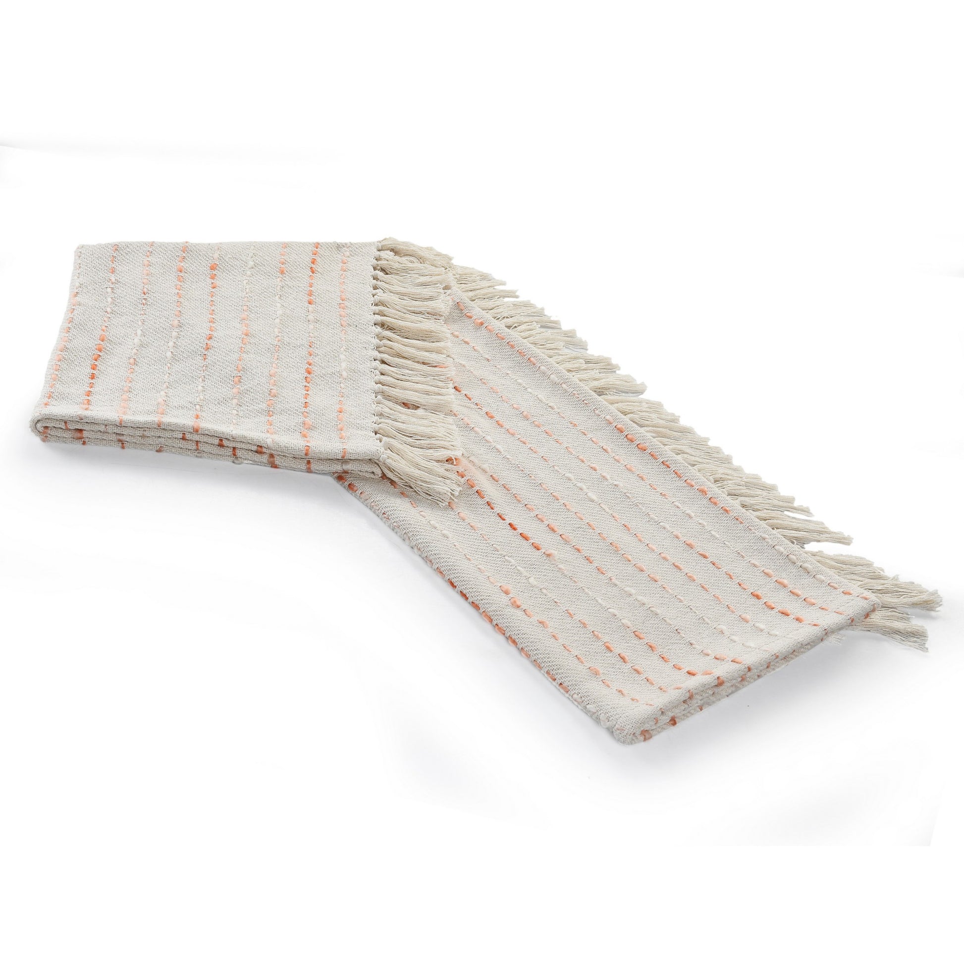 50" X 60" Cream Kantha Cotton Striped Throw Blanket with Embroidery-Throws & Blankets-DECOROLALA