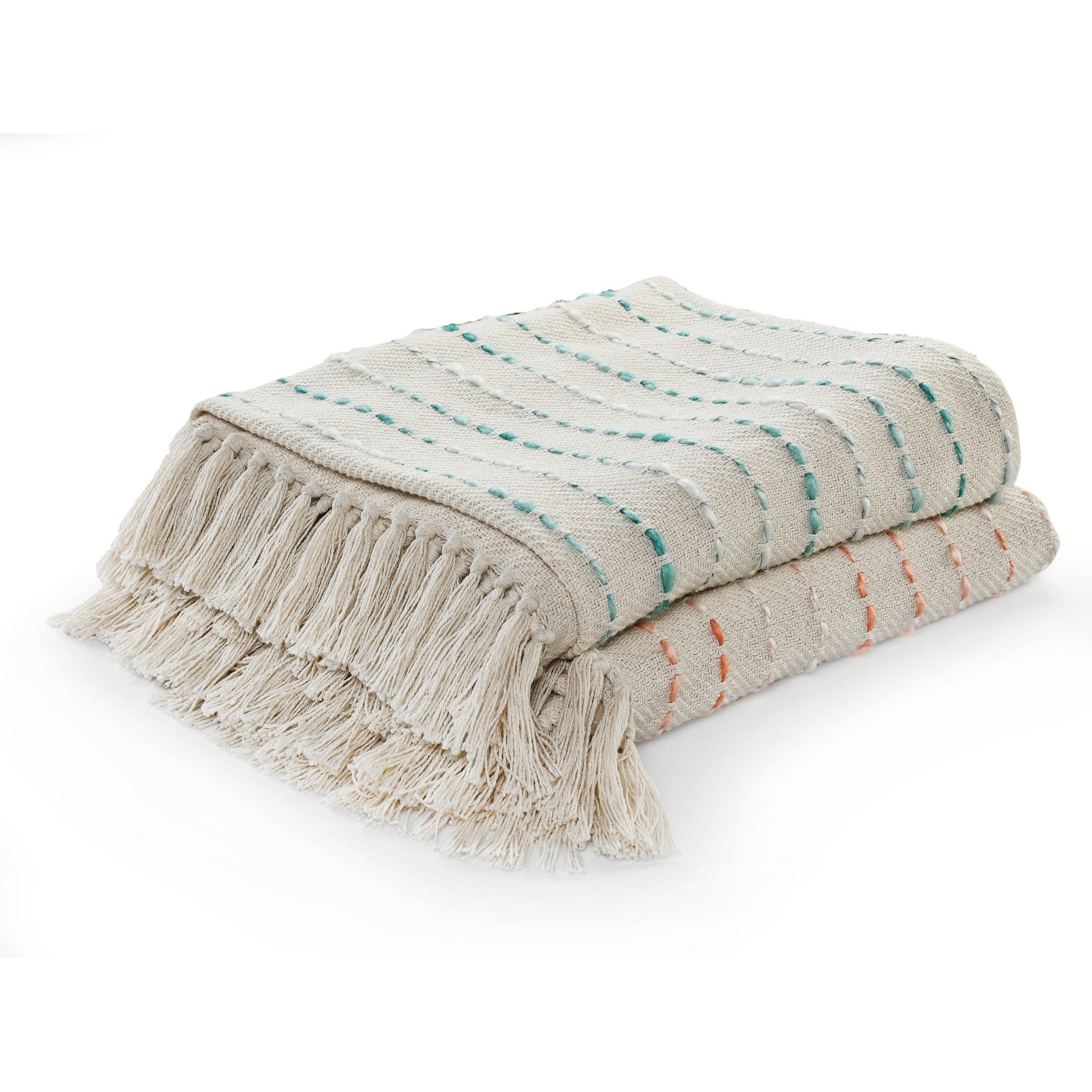 50" X 60" Cream Kantha Cotton Striped Throw Blanket with Embroidery-Throws & Blankets-DECOROLALA