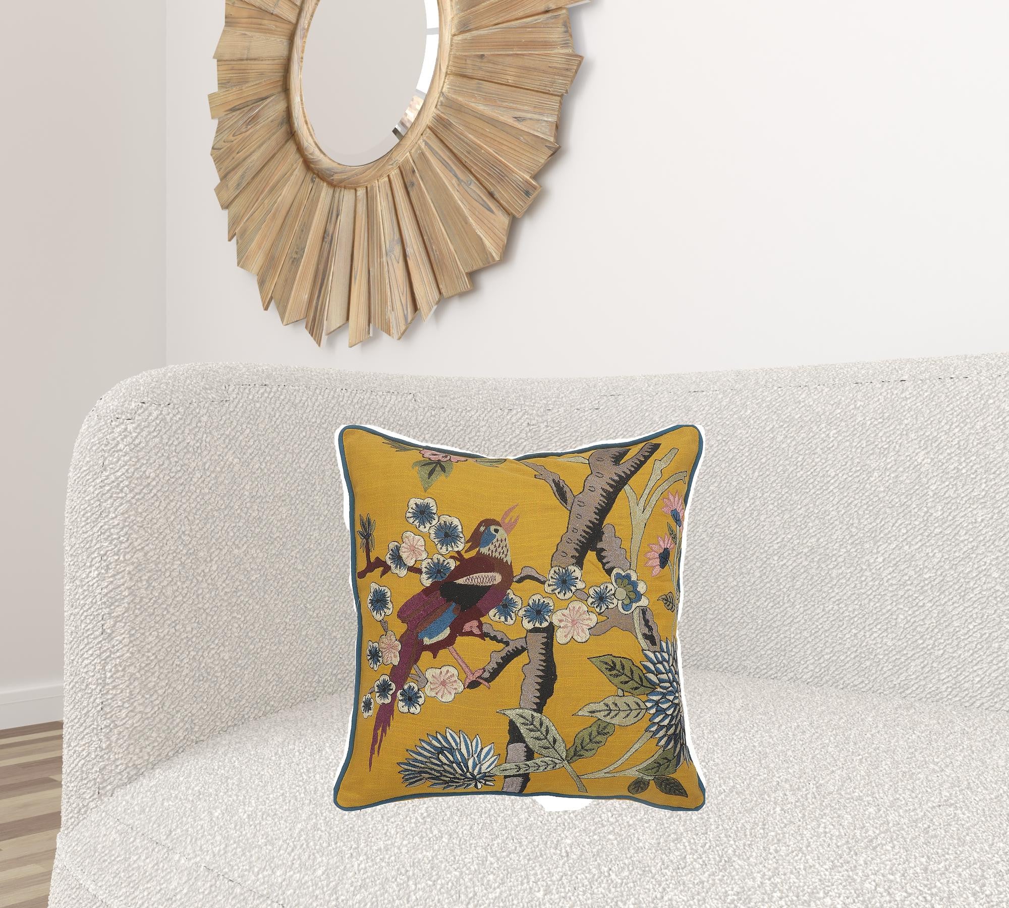 20" Blue and Yellow Bird Floral Throw Pillow with Embroidery-Accent Throw Pillows-DECOROLALA
