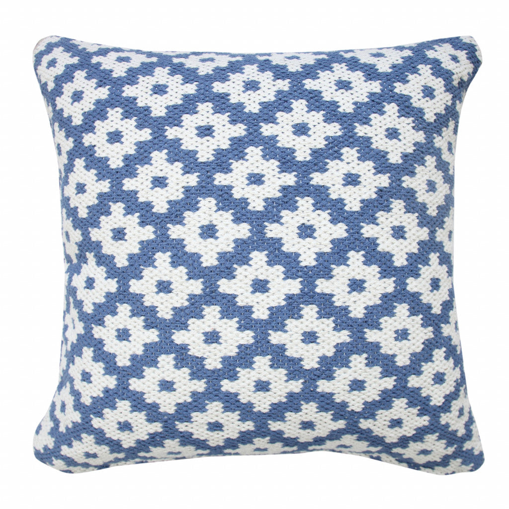 20" X 20" Blue And White 100% Cotton Geometric Zippered Pillow-Accent Throw Pillows-DECOROLALA