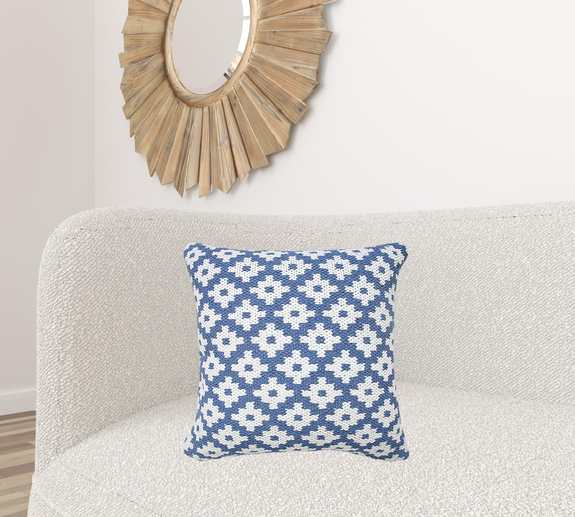 20" X 20" Blue And White 100% Cotton Geometric Zippered Pillow-Accent Throw Pillows-DECOROLALA