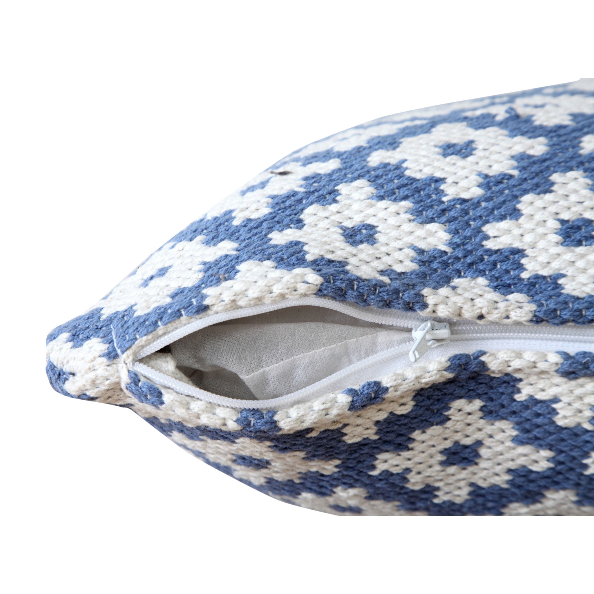 20" X 20" Blue And White 100% Cotton Geometric Zippered Pillow-Accent Throw Pillows-DECOROLALA