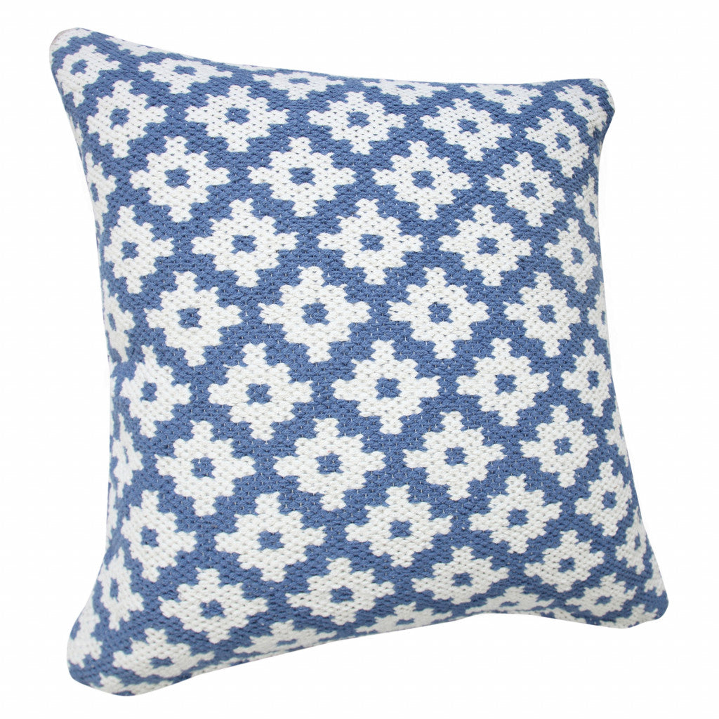 20" X 20" Blue And White 100% Cotton Geometric Zippered Pillow-Accent Throw Pillows-DECOROLALA