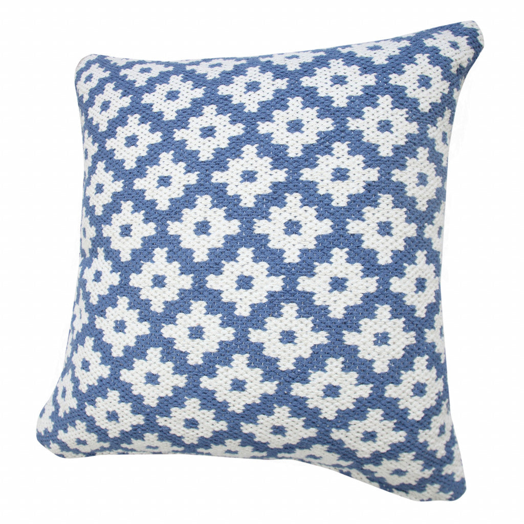 20" X 20" Blue And White 100% Cotton Geometric Zippered Pillow-Accent Throw Pillows-DECOROLALA