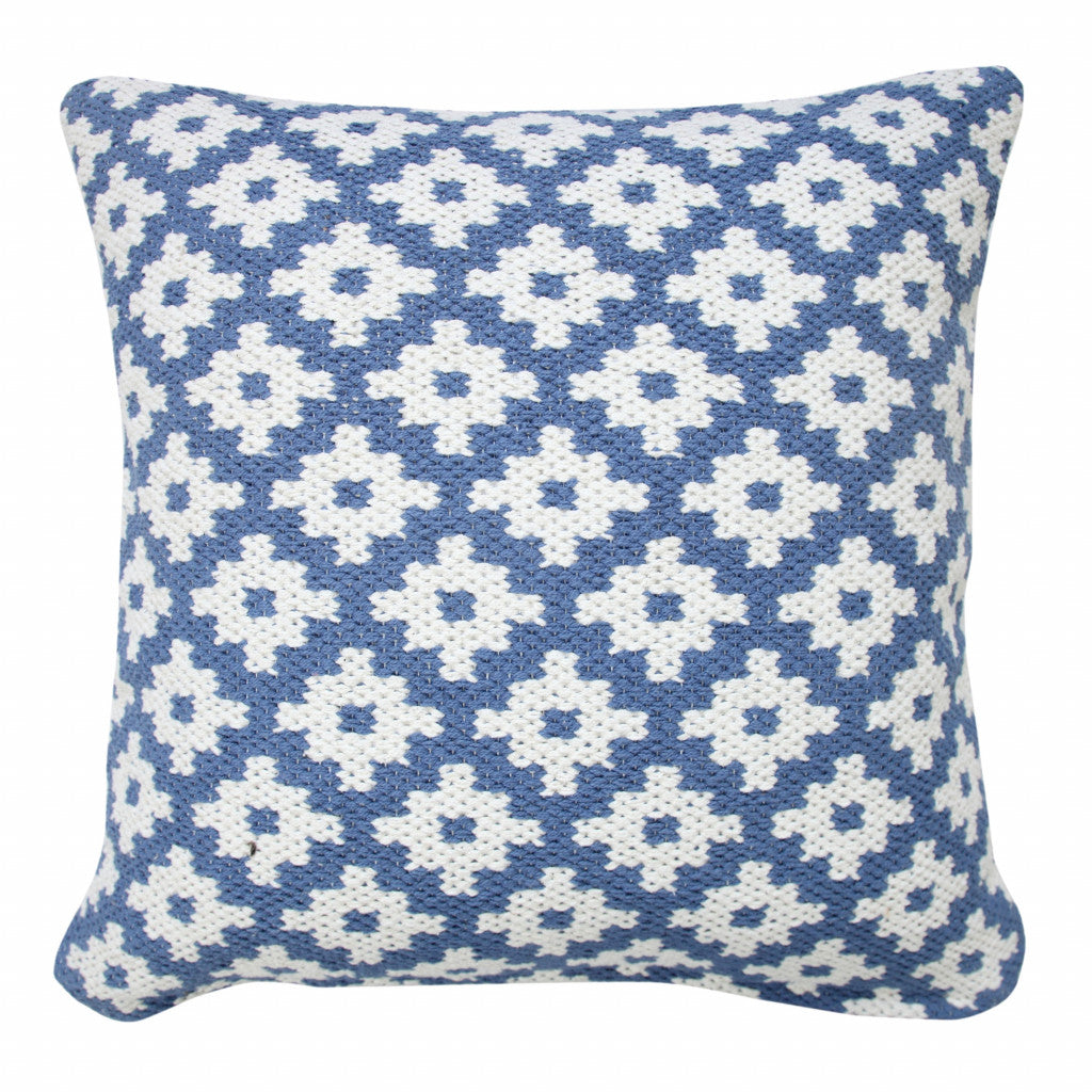 20" X 20" Blue And White 100% Cotton Geometric Zippered Pillow-Accent Throw Pillows-DECOROLALA