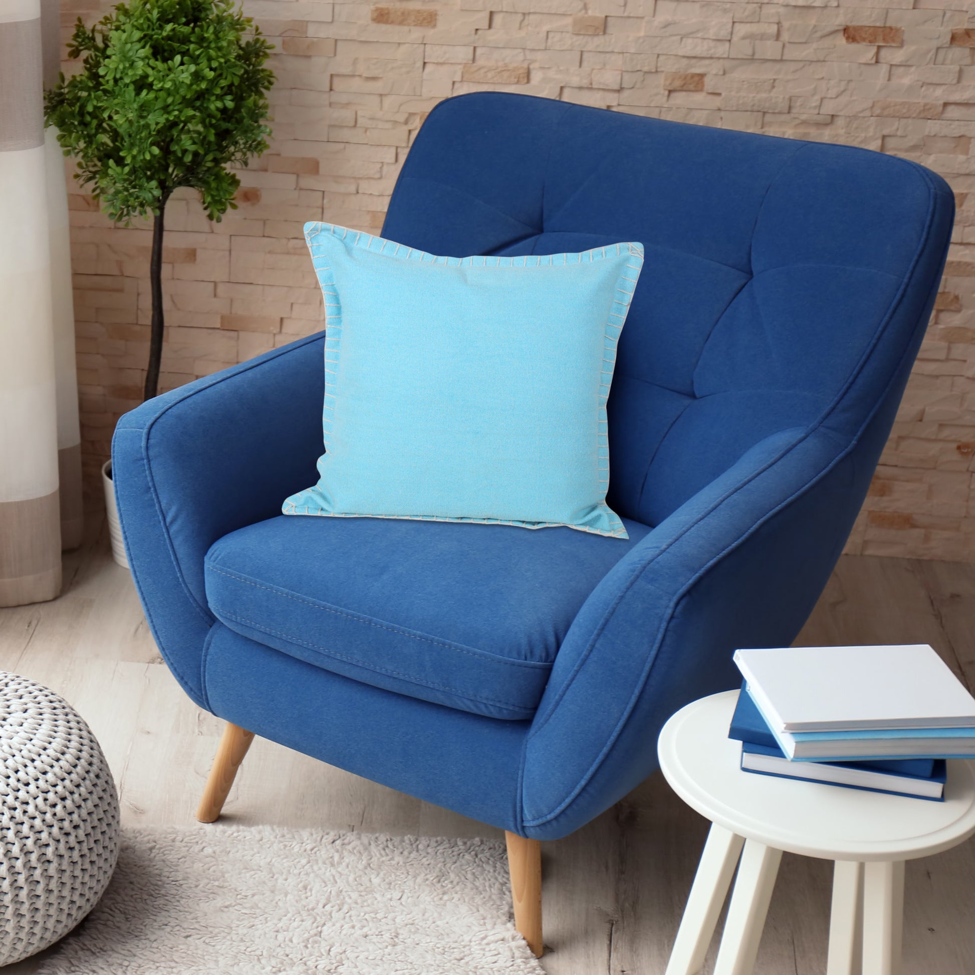 20" X 20" Bright Blue 100% Cotton Zippered Pillow-Accent Throw Pillows-DECOROLALA
