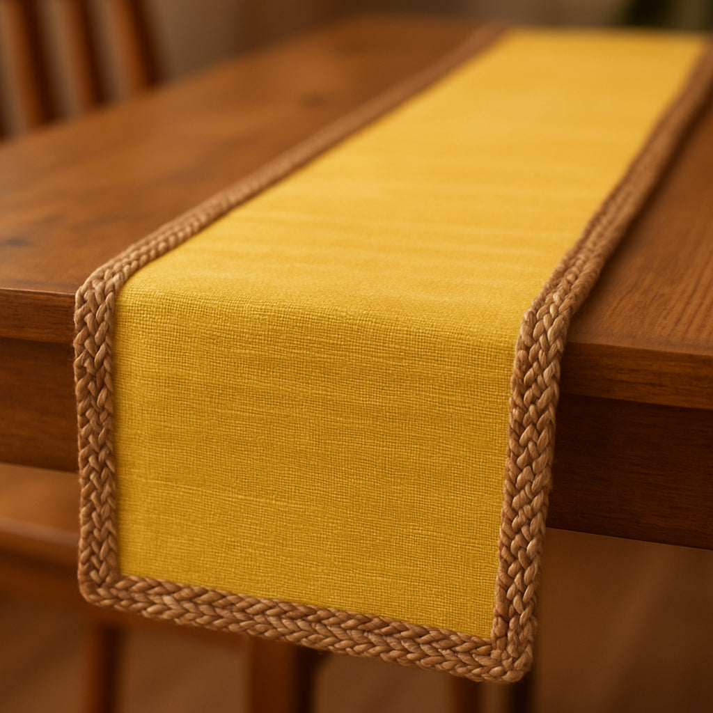 72" Yellow And Natural Cotton And Jute Table Runner-Dining Linens-DECOROLALA