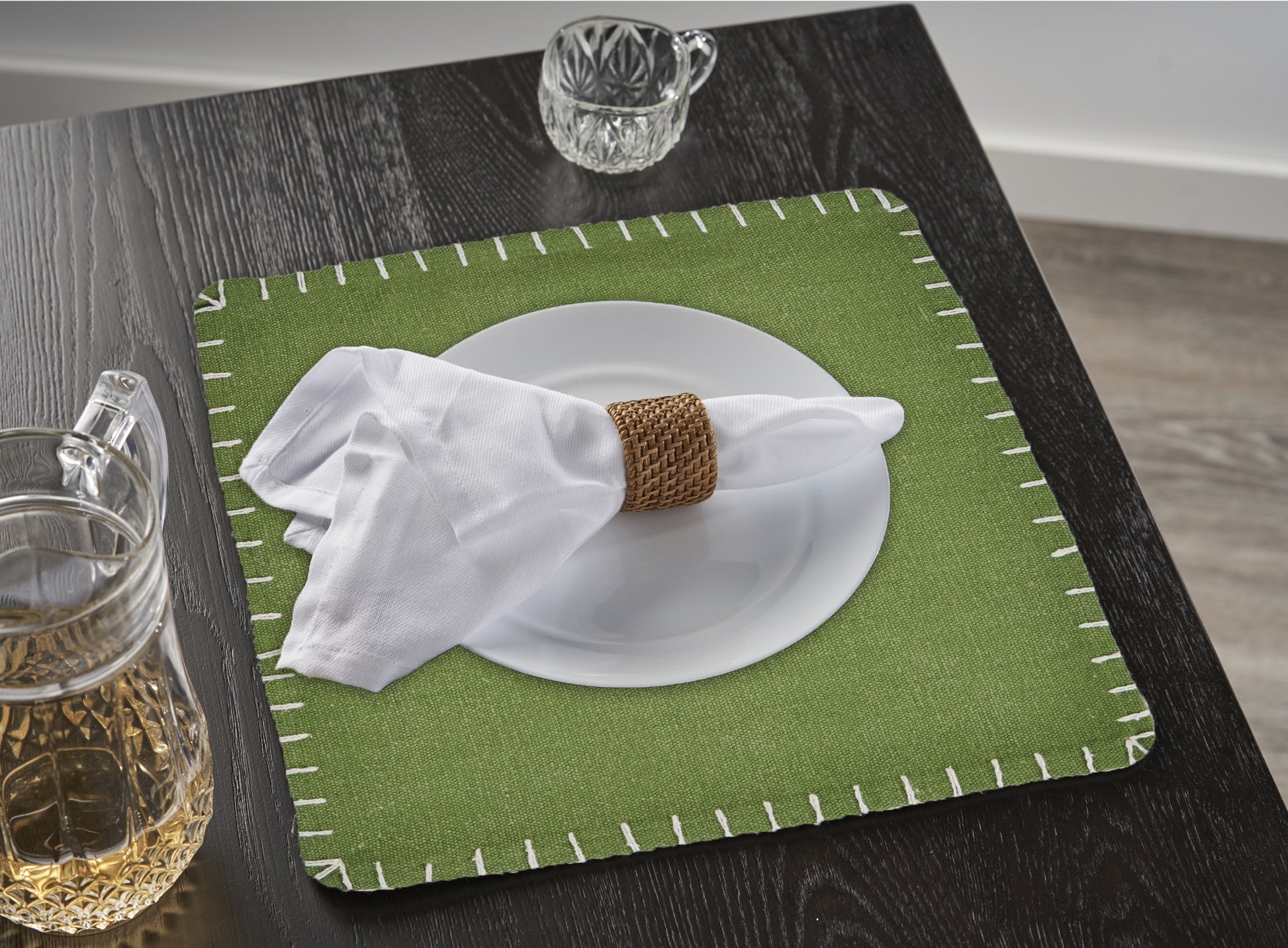 15" Set of Four Natural And Olive Green Embroidered Edge Cotton Square Placemats-Dining Linens-DECOROLALA