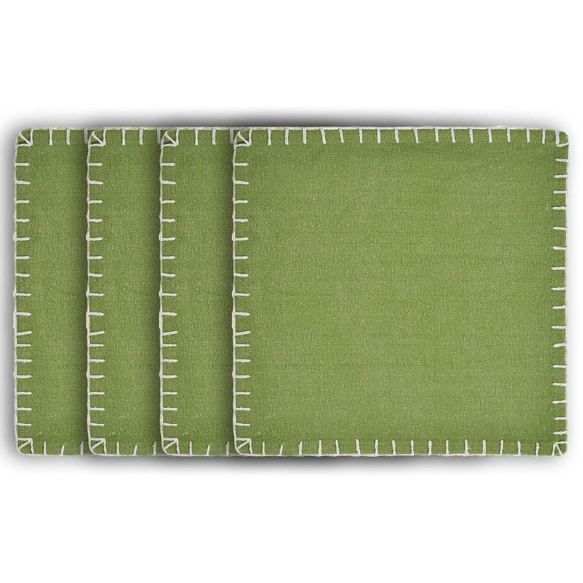 15" Set of Four Natural And Olive Green Embroidered Edge Cotton Square Placemats-Dining Linens-DECOROLALA