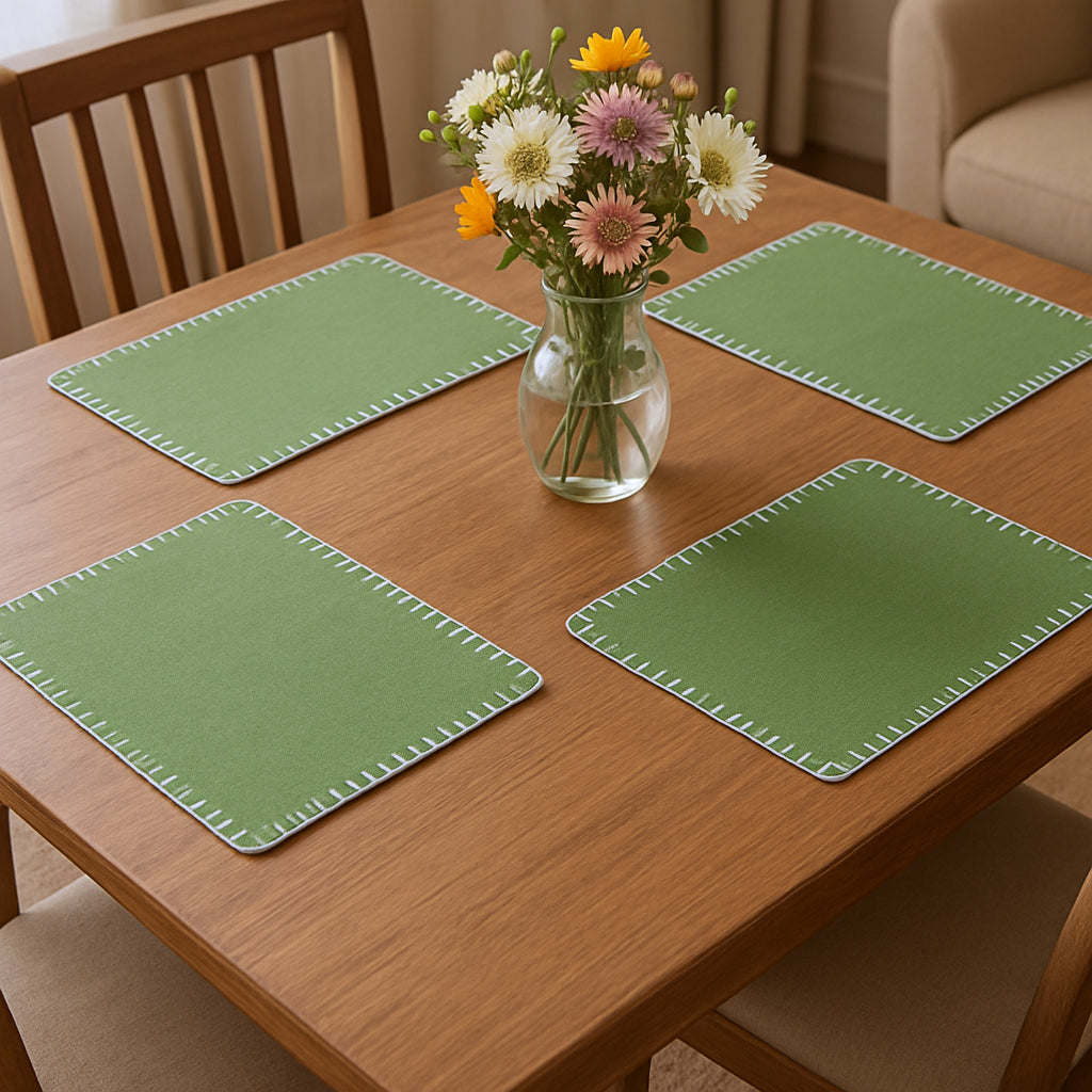 15" Set of Four Natural And Olive Green Embroidered Edge Cotton Square Placemats-Dining Linens-DECOROLALA