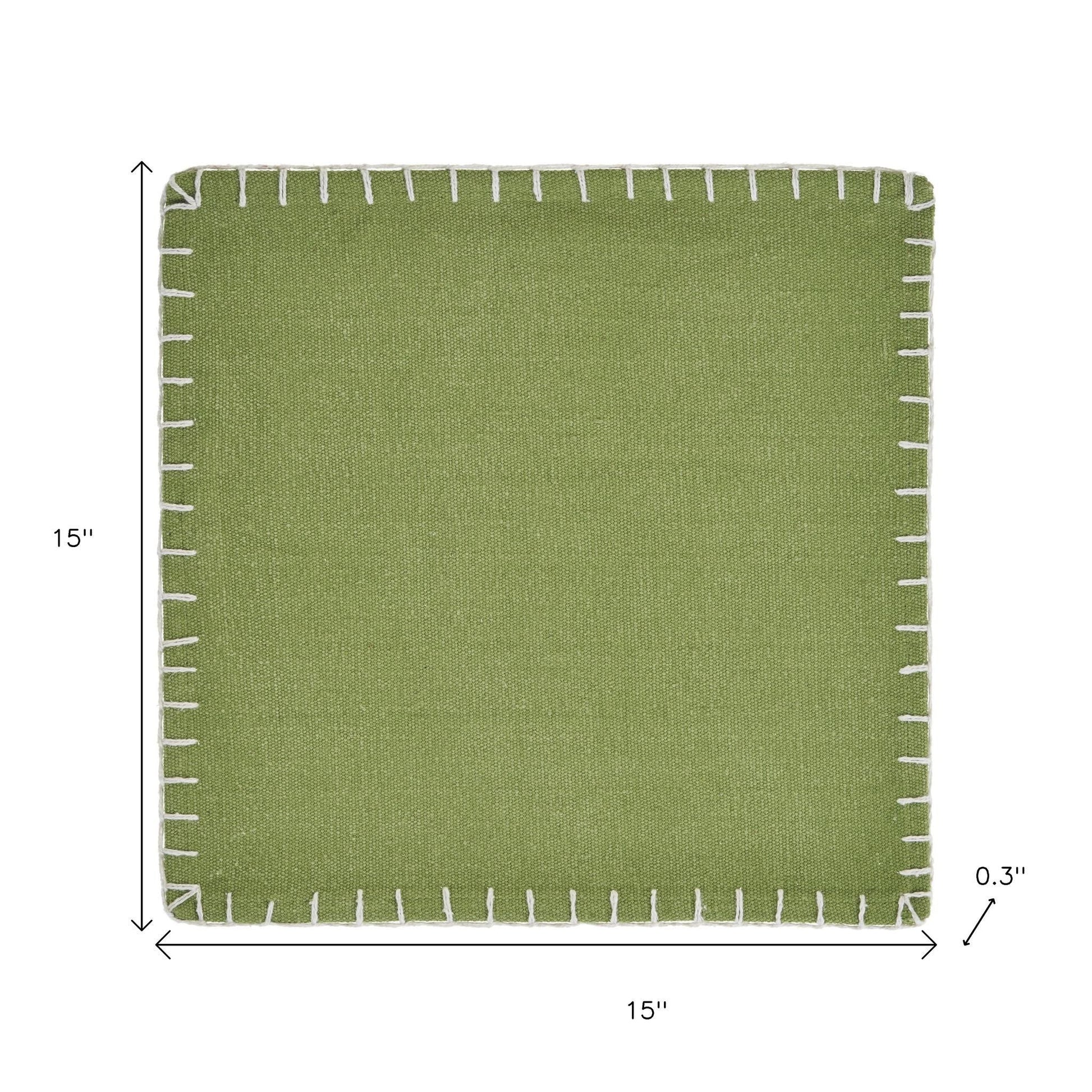 15" Set of Four Natural And Olive Green Embroidered Edge Cotton Square Placemats-Dining Linens-DECOROLALA