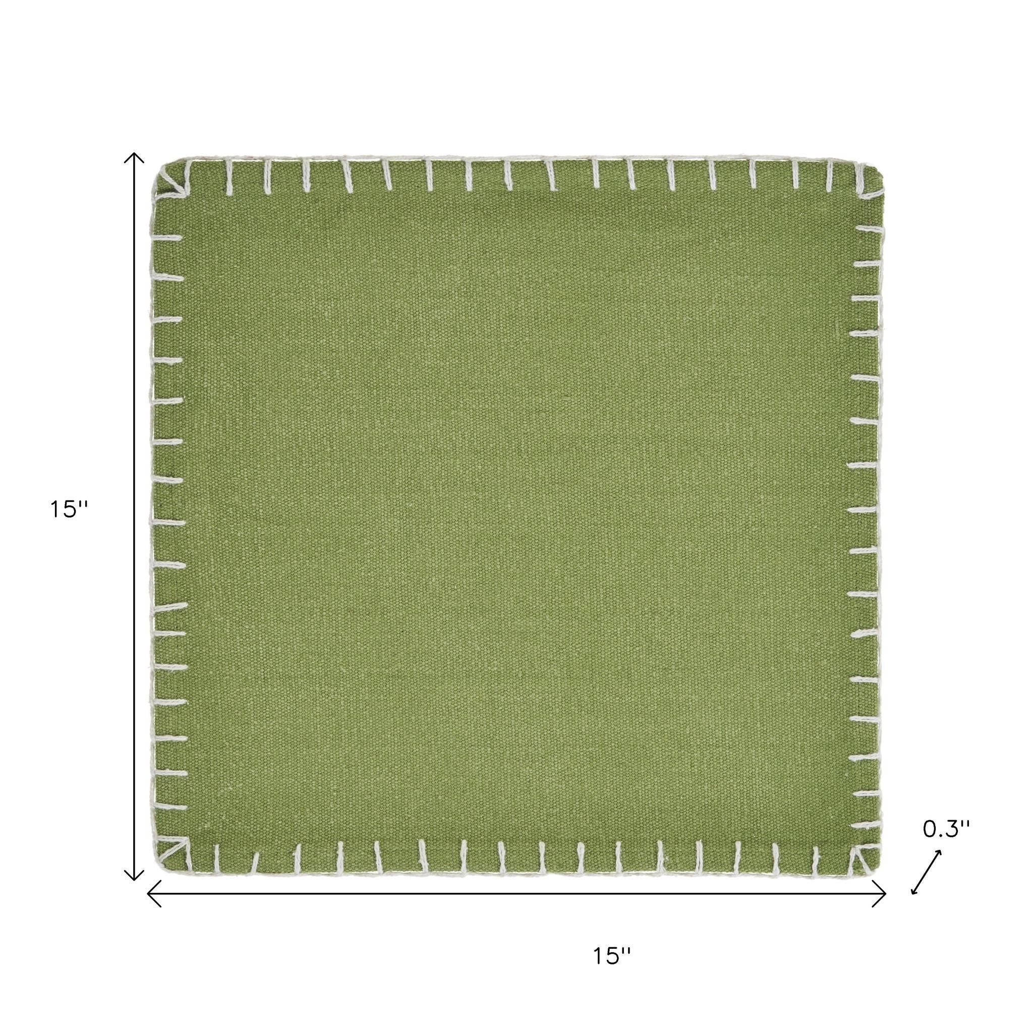15" Set of Four Natural And Olive Green Embroidered Edge Cotton Square Placemats-Dining Linens-DECOROLALA