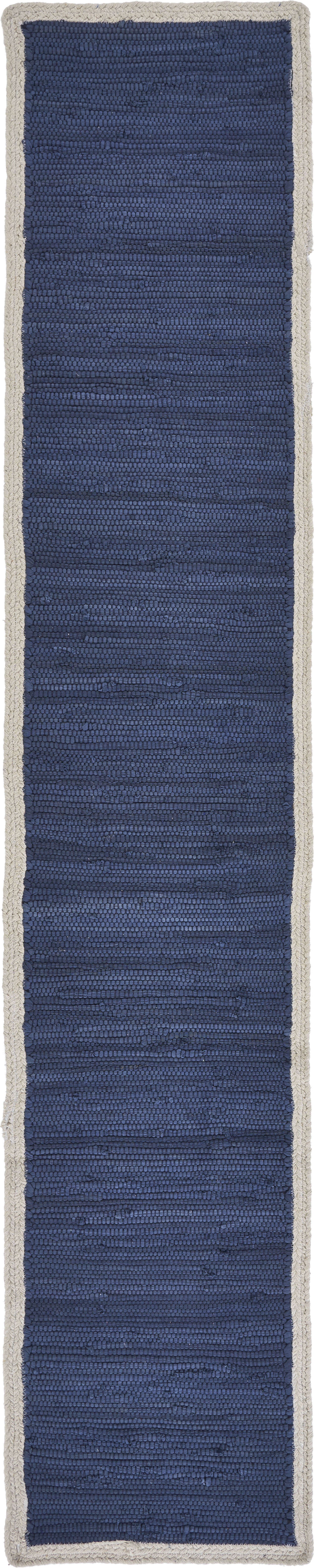 80" Navy Blue And Natural Solid With Border Cotton Table Runner-Dining Linens-DECOROLALA
