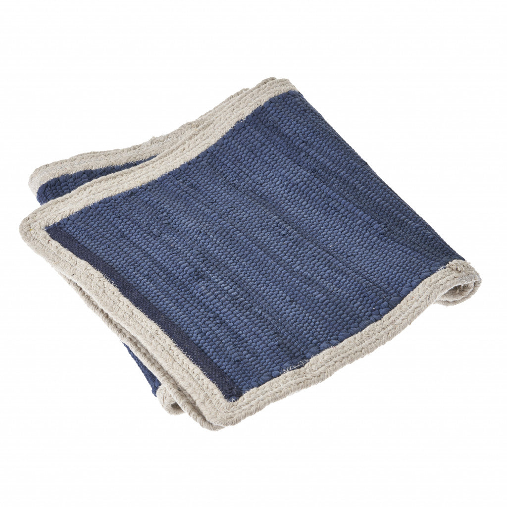 80" Navy Blue And Natural Solid With Border Cotton Table Runner-Dining Linens-DECOROLALA