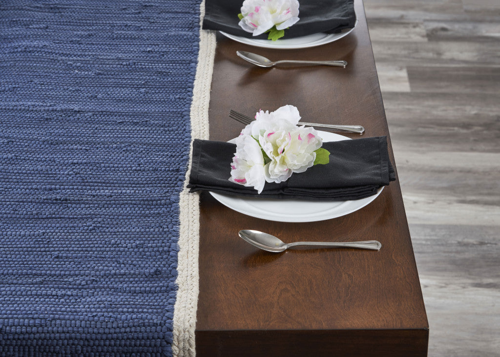 80" Navy Blue And Natural Solid With Border Cotton Table Runner-Dining Linens-DECOROLALA