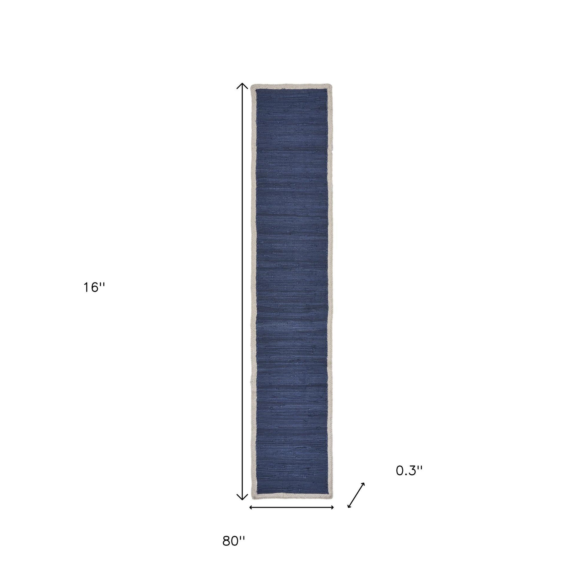 80" Navy Blue And Natural Solid With Border Cotton Table Runner-Dining Linens-DECOROLALA