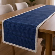 80" Navy Blue And Natural Solid With Border Cotton Table Runner-Dining Linens-DECOROLALA