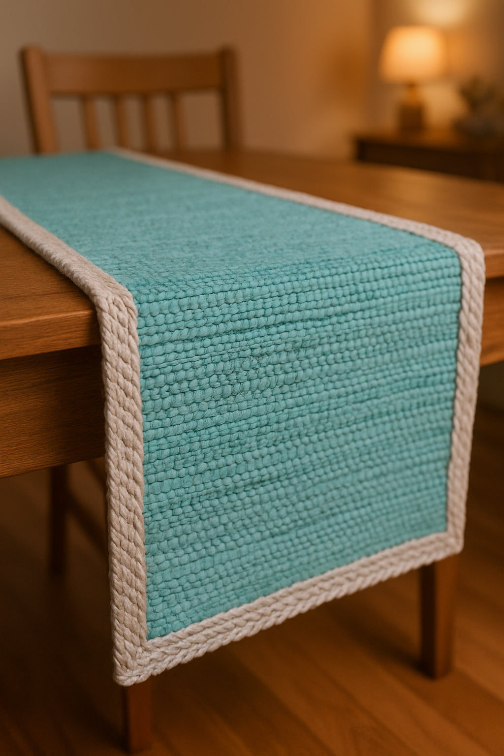 80" Turquoise And Natural Solid With Border Cotton Table Runner-Dining Linens-DECOROLALA