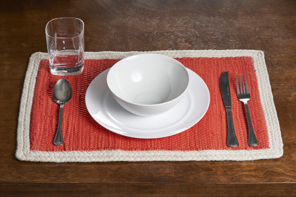 19" Set of Four Orange And Natural Solid With Border Cotton Placemats-Dining Linens-DECOROLALA