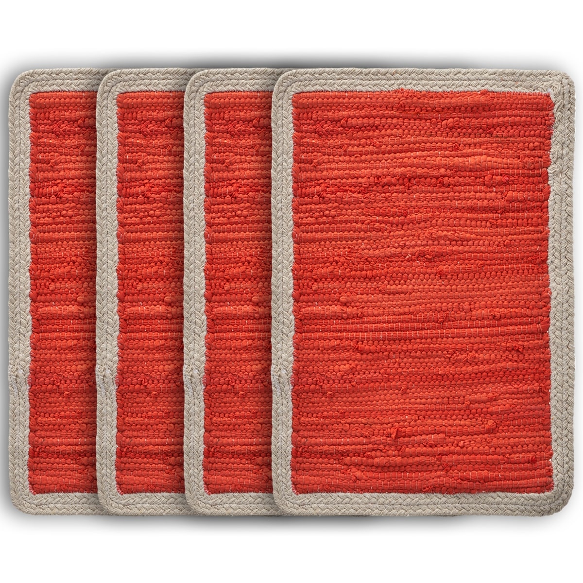 19" Set of Four Orange And Natural Solid With Border Cotton Placemats-Dining Linens-DECOROLALA