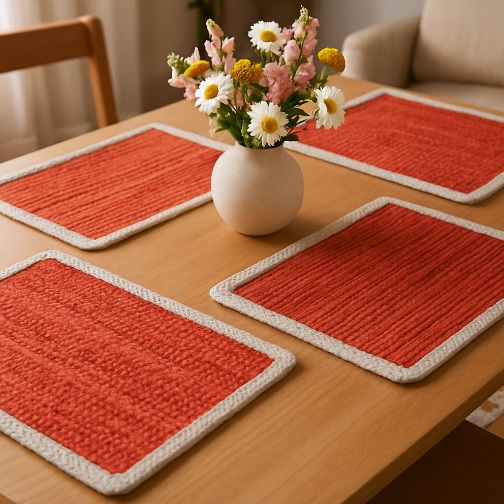 19" Set of Four Orange And Natural Solid With Border Cotton Placemats-Dining Linens-DECOROLALA
