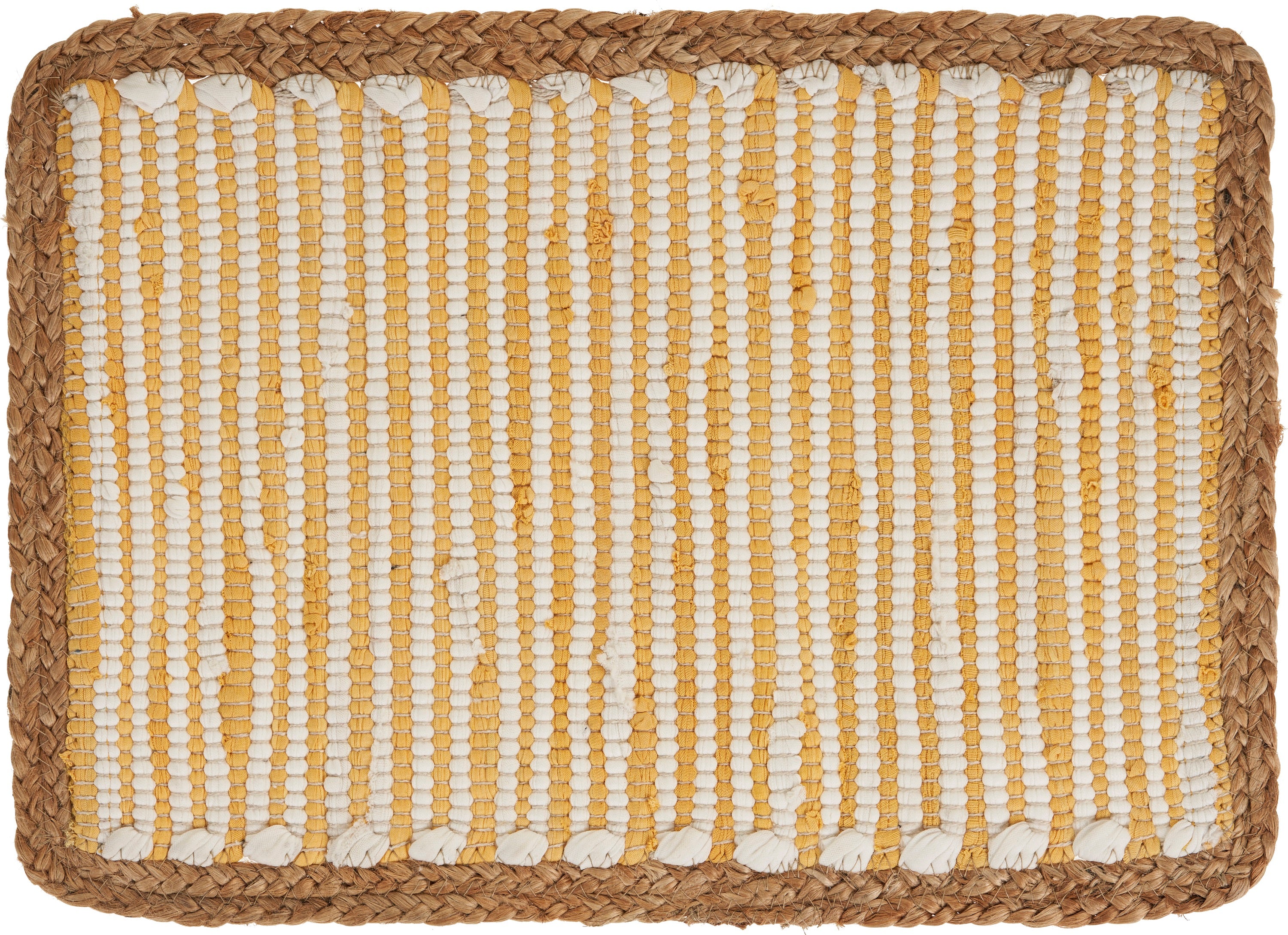 19" Set of Four Cream Yellow And Natural Striped Cotton And Jute Placemats-Dining Linens-DECOROLALA