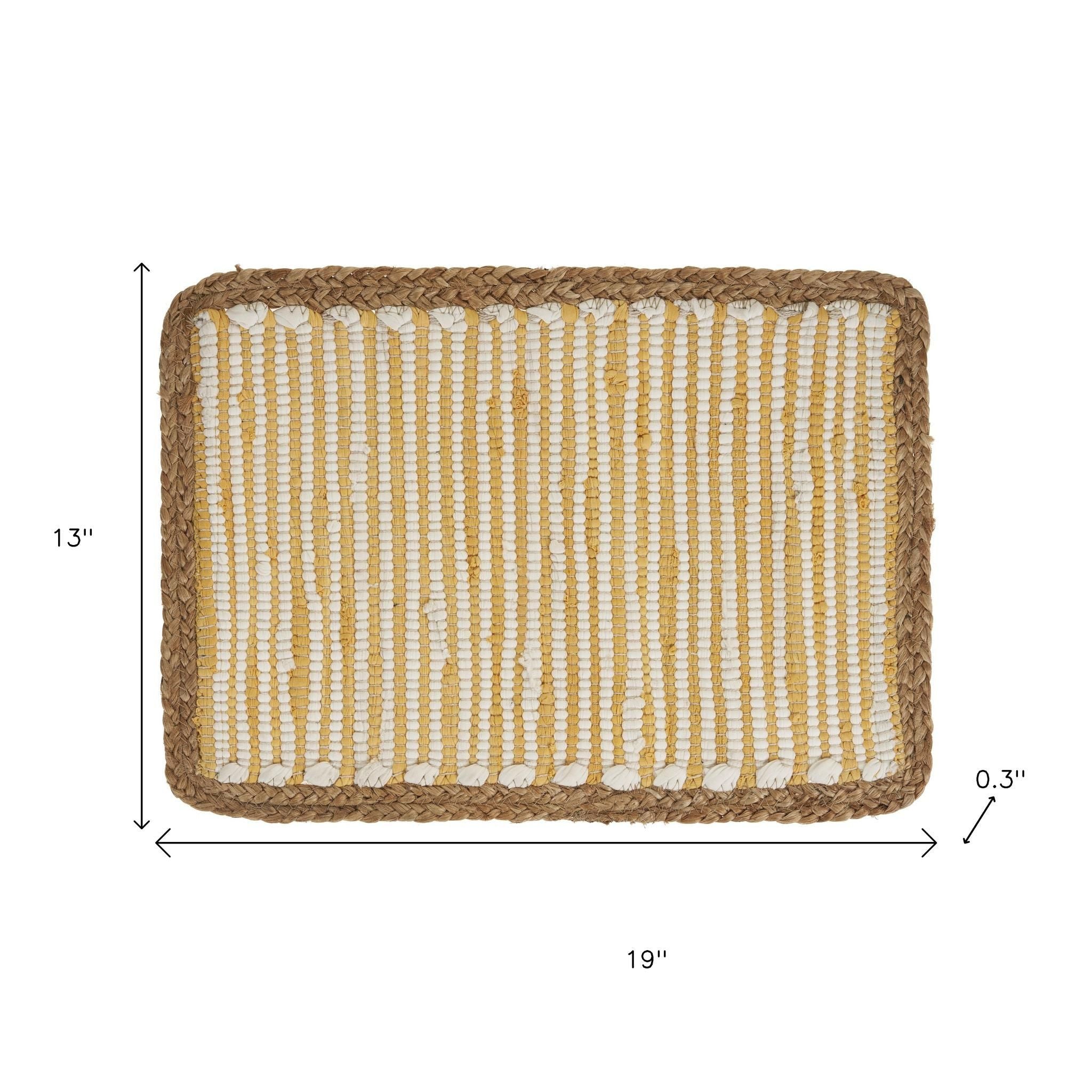 19" Set of Four Cream Yellow And Natural Striped Cotton And Jute Placemats-Dining Linens-DECOROLALA