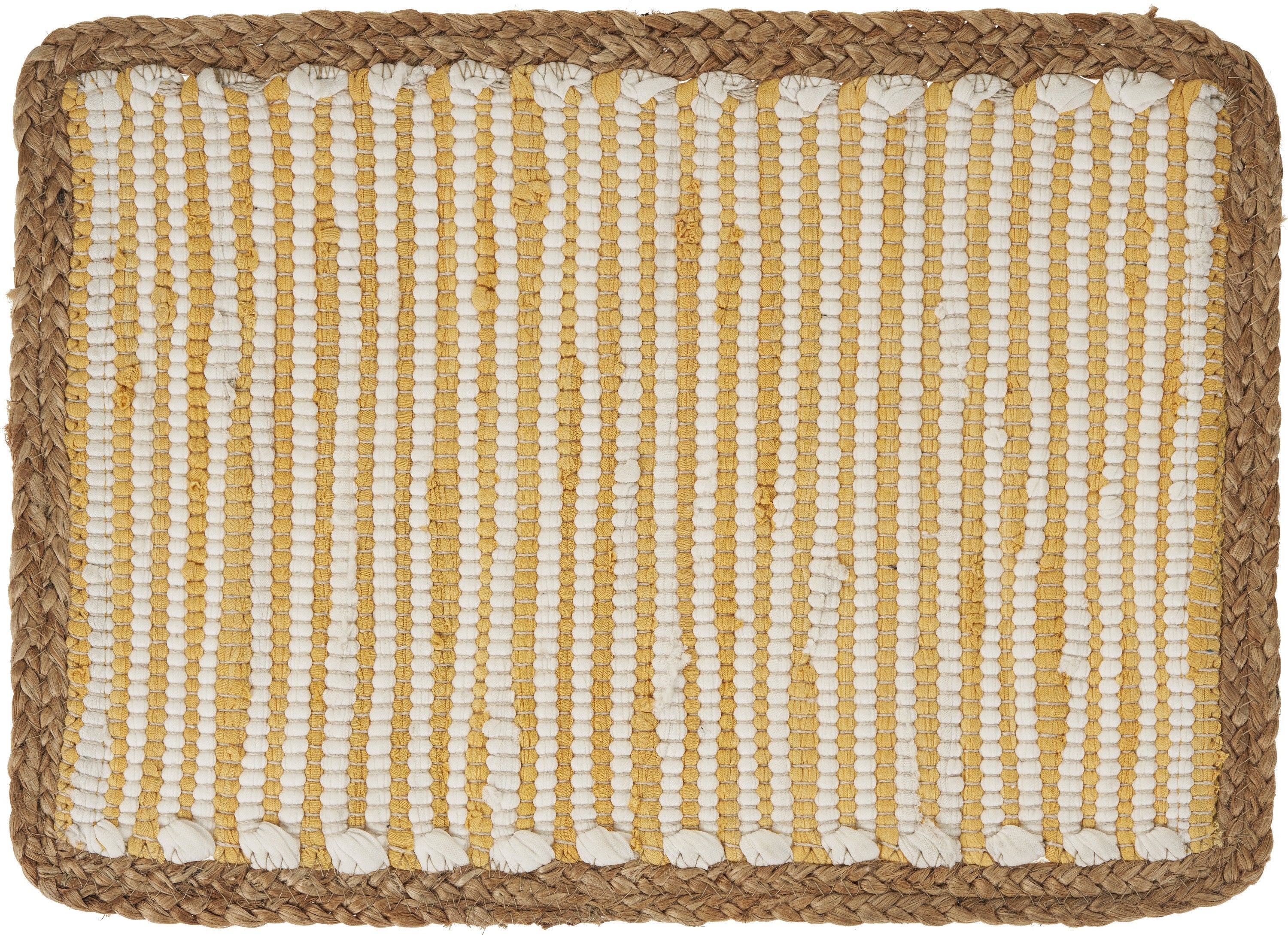 19" Set of Four Cream Yellow And Natural Striped Cotton And Jute Placemats-Dining Linens-DECOROLALA