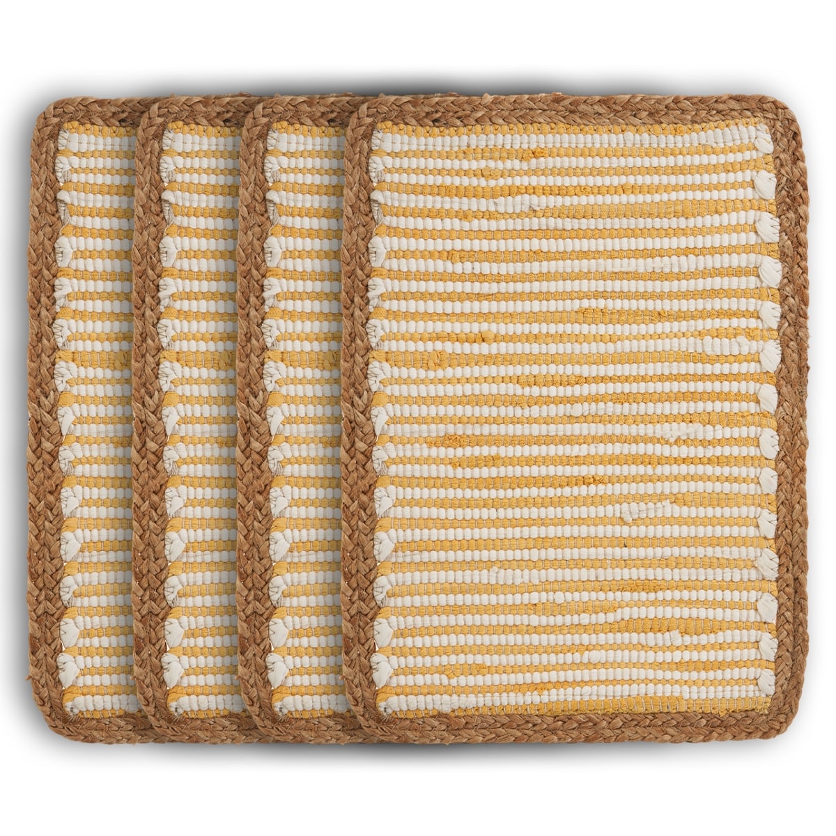 19" Set of Four Cream Yellow And Natural Striped Cotton And Jute Placemats-Dining Linens-DECOROLALA