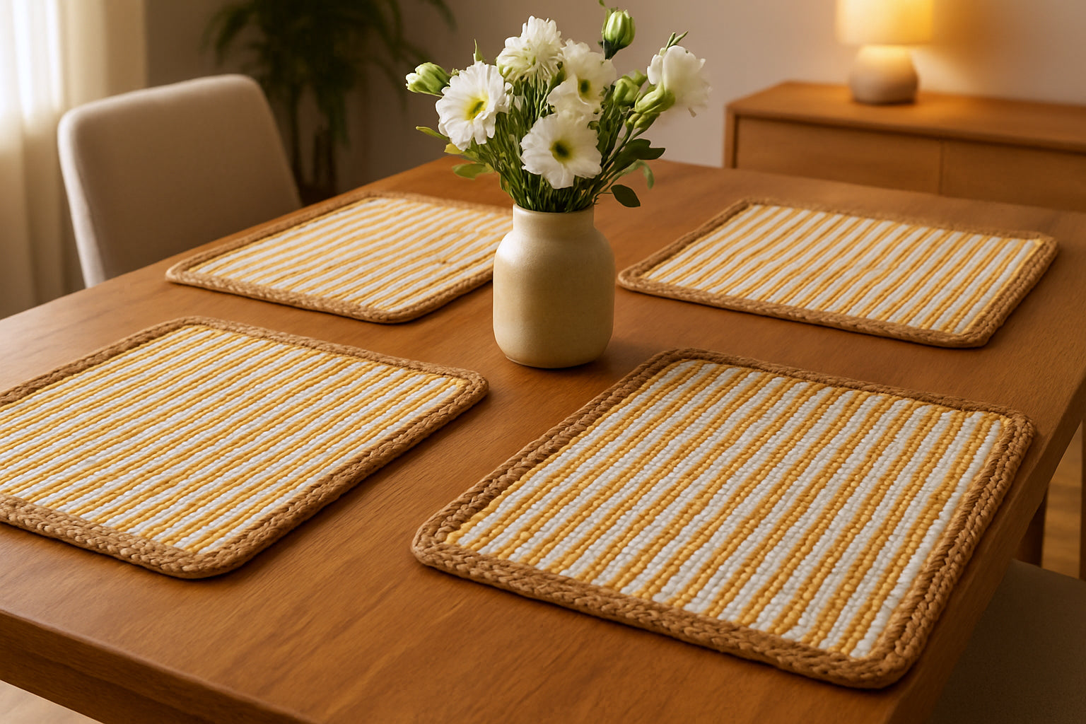 19" Set of Four Cream Yellow And Natural Striped Cotton And Jute Placemats-Dining Linens-DECOROLALA